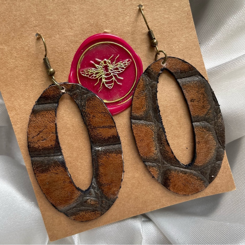 Brown Leather Oval Earrings, Snake print, 2”
